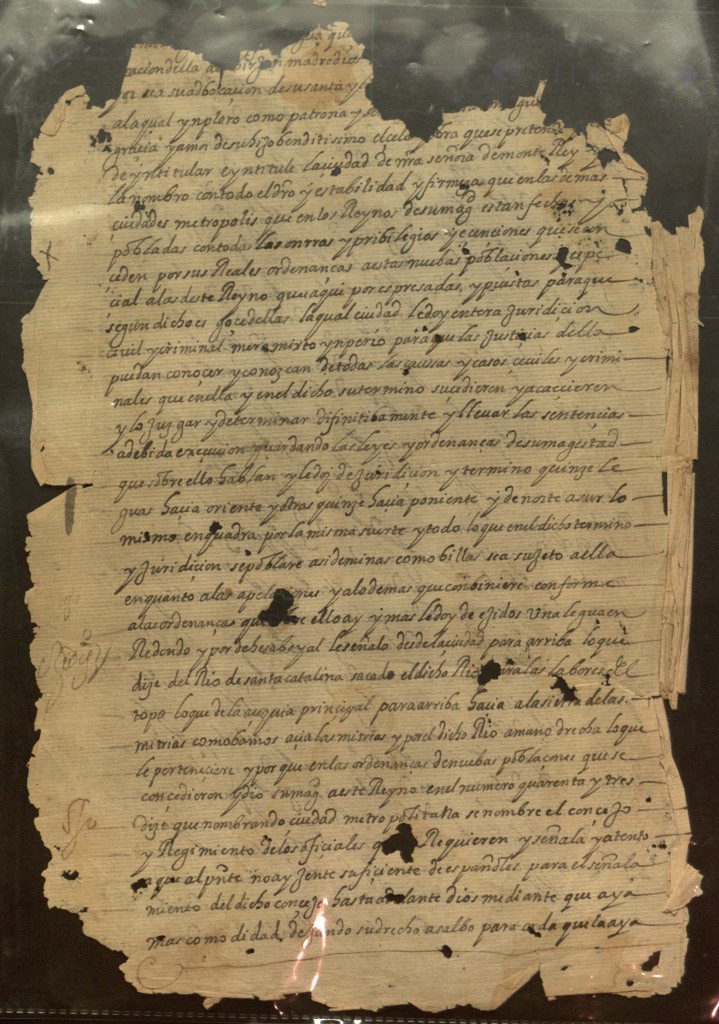 Carta de fundación de la ciudad metropolitana de nuestra señora de Monterrey. Fechada el 20 de septiembre de 1596, dictada por el capitán Diego de Montemayor, y firmada por el escribano Diego Díaz de Berlanga